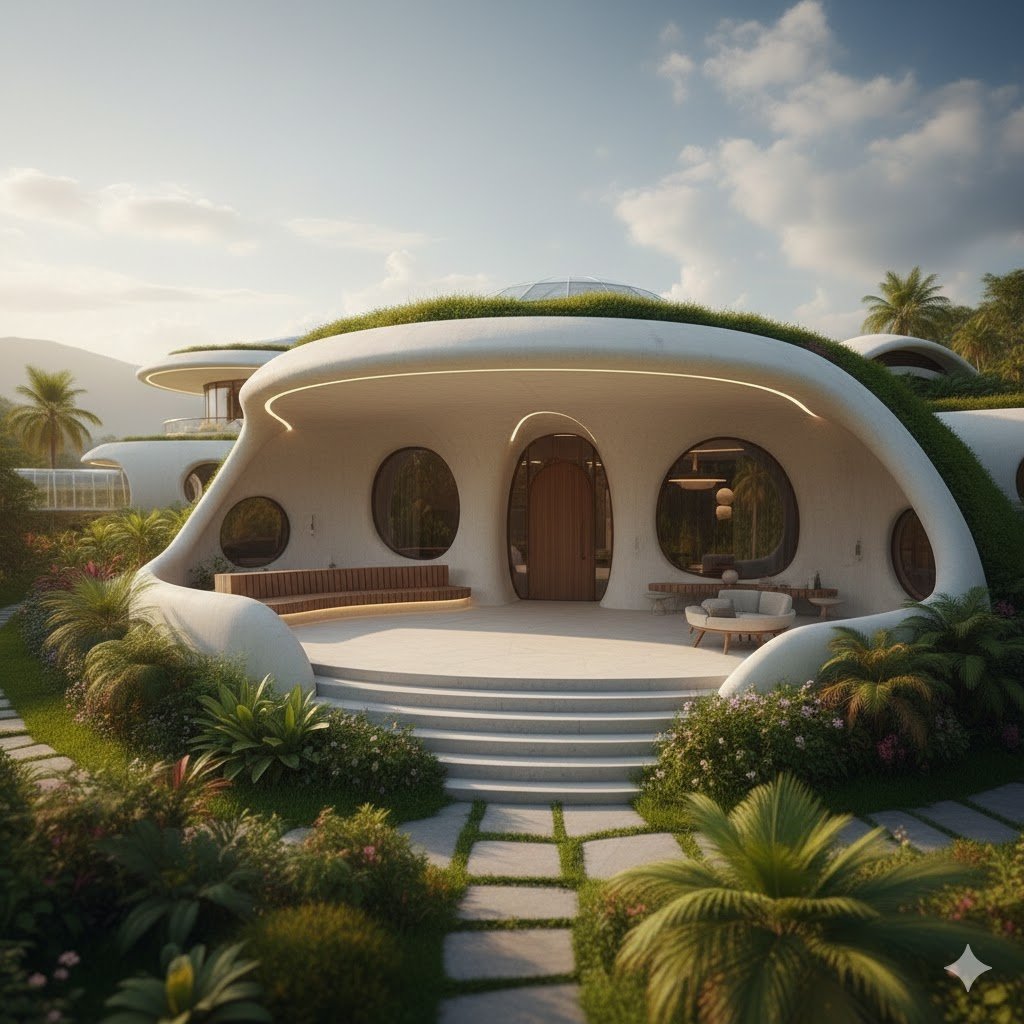 A striking front view of a sculptural, organic porch extension. The design features a smooth, white concrete canopy that flows into wide steps, housing an oval-shaped wooden front door flanked by small oculus windows. The structure is topped with a lush green roof and a glass pyramid skylight, surrounded by dense tropical landscaping.