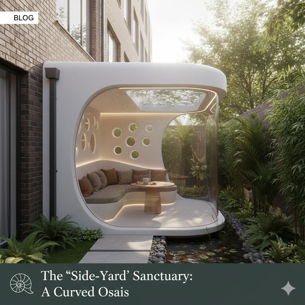 A cozy, white organic-shaped extension built into a narrow side yard of a brick building. The "sanctuary" features a large curved glass wall, several small circular oculus windows, and an integrated seating area with earth-toned cushions. A small garden pond with koi fish and lush ferns sits in the foreground, creating a tranquil outdoor-indoor transition.