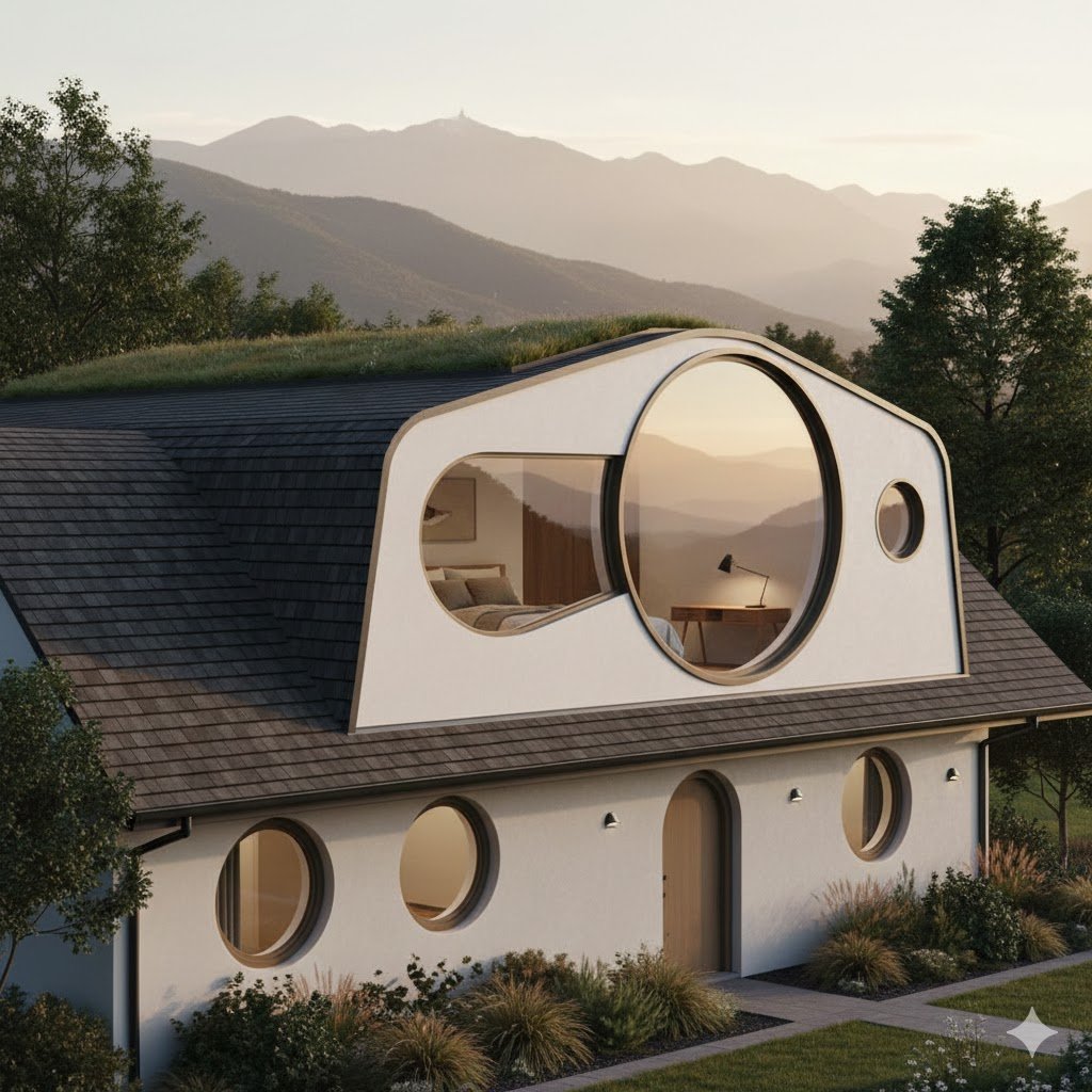 A wide-angle exterior view of a white, organic-shaped loft dormer extension on a dark-shingled roof. The dormer features a massive circular glass window that reveals a cozy bedroom inside. The top of the extension is covered in a lush green living roof, and the home is situated against a scenic backdrop of rolling mountains at sunset.