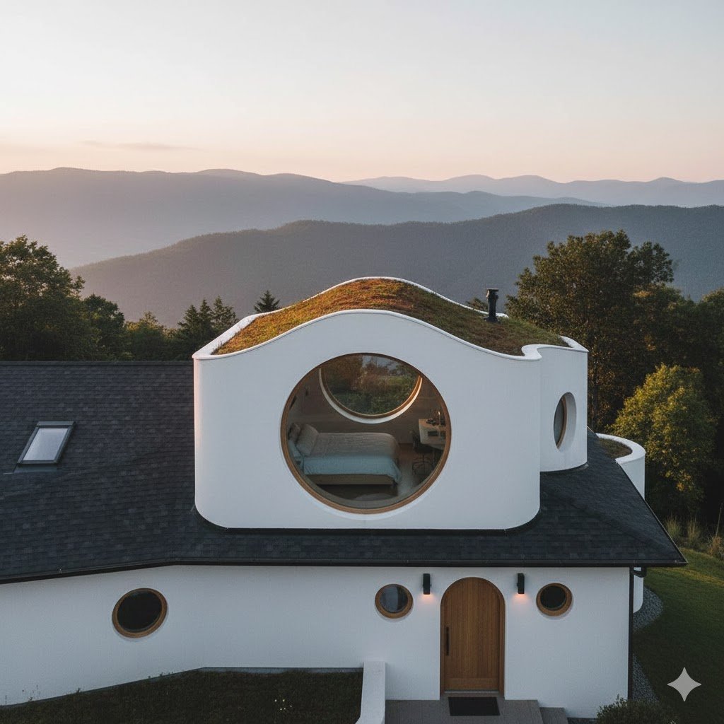 A wide-angle exterior view of a white, organic-shaped loft dormer extension on a dark-shingled roof. The dormer features a massive circular glass window that reveals a cozy bedroom inside. The top of the extension is covered in a lush green living roof, and the home is situated against a scenic backdrop of rolling mountains at sunset.