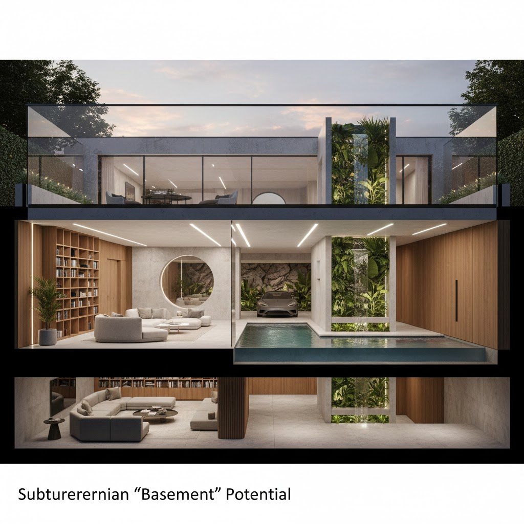 A detailed cross-section architectural render of a multi-level luxury home. The subterranean levels feature a sunken living room with organic curved furniture, a glass-walled indoor lap pool, an integrated car gallery, and a vertical living green wall with a waterfall that connects the underground spaces to the upper levels of the house.