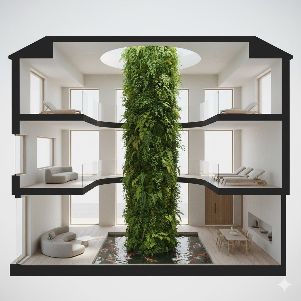 A multi-story architectural cross-section of a modern home centered around a massive vertical lightwell. A dense, lush pillar of greenery and ferns grows through the center of the house, illuminated by a circular skylight above. At the base, a serene koi pond reflects the light, while open-plan living and dining areas on multiple levels face the central organic garden.