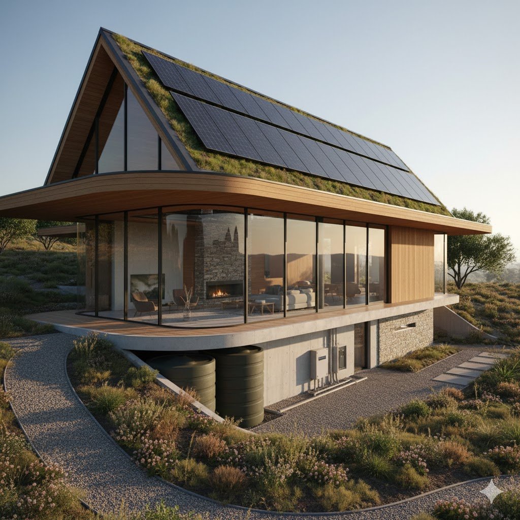 A modern eco-friendly house featuring a steep gabled roof equipped with both solar panels and a lush green living roof. The design includes large floor-to-ceiling glass walls for passive solar heating, a wood-cladded upper level, and a concrete foundation that houses visible rainwater collection tanks. The surrounding landscape is filled with native, drought-resistant plants.
