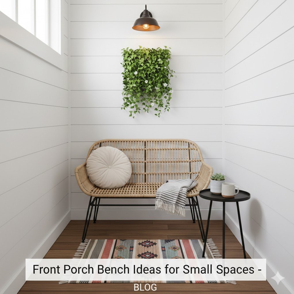 A cozy, small front porch features a light brown rattan two-seater bench with black metal legs, adorned with a cream round pillow and a striped throw blanket. To the right, a small black round side table holds a white mug and a potted succulent. A vertical garden with lush green plants hangs on the white shiplap wall above the bench, illuminated by a modern black sconce. A colorful patterned rug adds warmth to the dark wood floor.