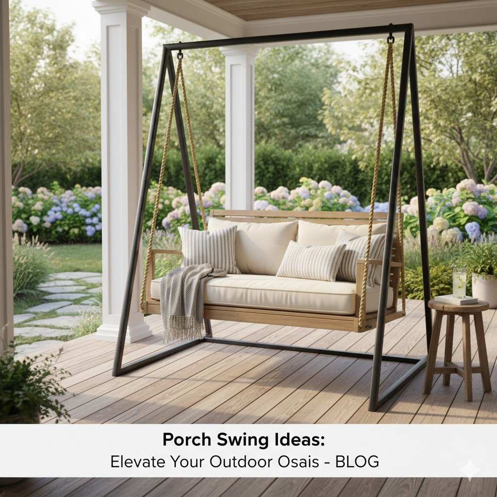 A modern wooden porch swing with cream cushions and striped pillows, suspended by thick ropes from a sleek black A-frame metal stand. The swing sits on a light wood deck overlooking a lush garden filled with blue and white hydrangeas. A small wooden stool with a glass of lemonade sits nearby, all under a bright, airy porch with white columns.