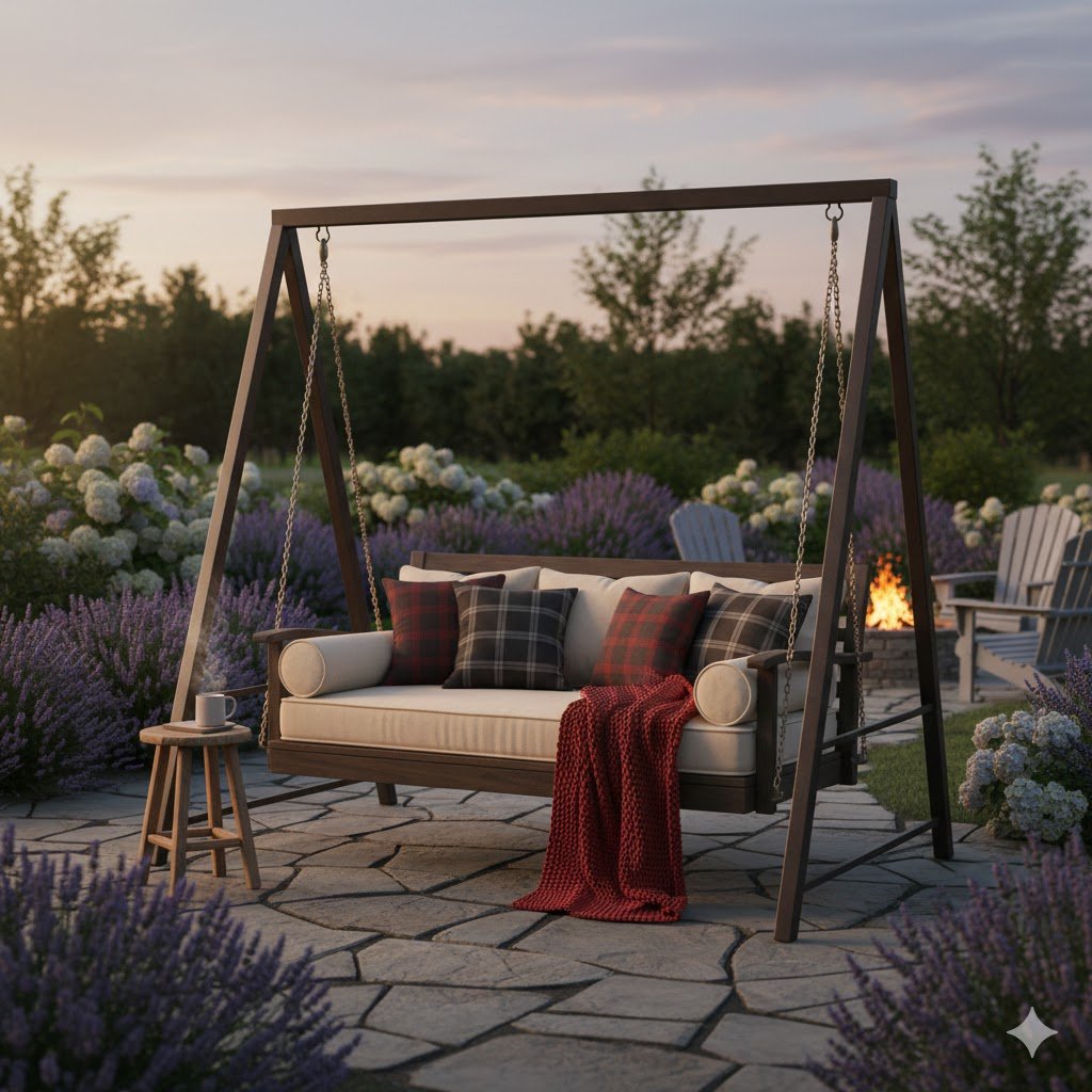 A rustic wooden porch swing with a dark metal A-frame stand sits on a stone patio during a soft sunset. The swing features thick cream-colored cushions, plaid throw pillows in red and grey, and a cozy red knit blanket draped over the side. The patio is surrounded by blooming purple lavender and white hydrangeas, with a glowing fire pit and Adirondack chairs visible in the background.