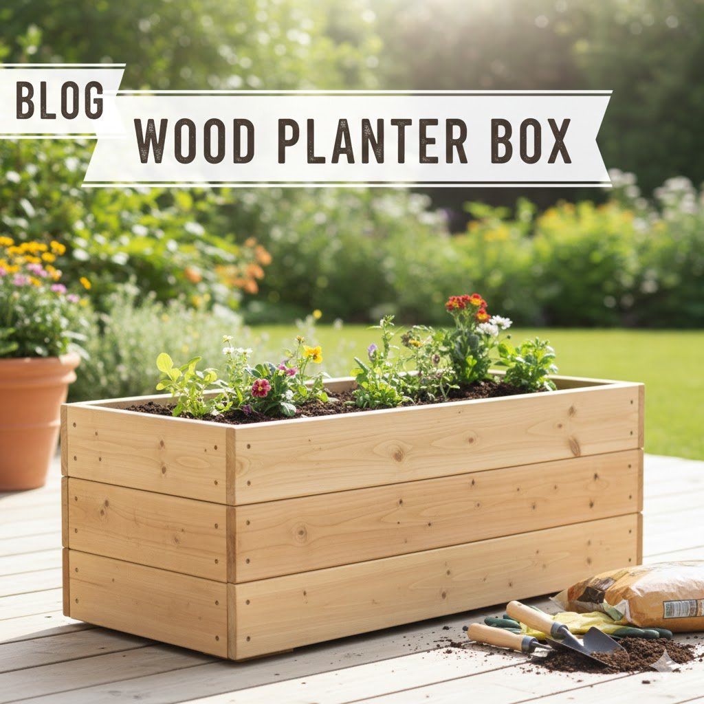 A large, rectangular natural wood planter box sits on a light-colored wooden deck, filled with fresh soil and small colorful flowers. In the foreground, gardening tools and a bag of potting soil are visible. The background shows a sunny, blurred green garden, and a white banner overlay reads "WOOD PLANTER BOX BLOG.