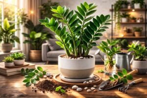 ZZ plant in a white pot on a wooden table in a bright living room setting.