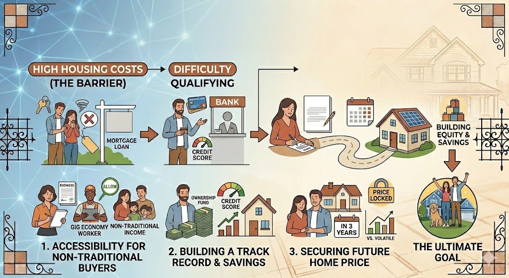 A conceptual infographic-style illustration depicting the journey to homeownership. On the left, a person is shown managing finances and signing documents, symbolizing the preparation phase. A winding path leads toward the right side of the image, where a happy family with a dog stands triumphantly in front of a charming two-story suburban home. Floating icons throughout the scene represent keys, savings, and a house, illustrating the step-by-step transition from renting to owning without the use of text.