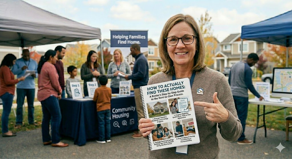 A smiling woman in a brown sweater and glasses points to a spiral-bound manual titled "How to Actually Find These Homes: A Renter's Step-by-Step Guide to the Rent-to-Own Process." The guide features four images showing home searching, document signing, and family life. She stands in front of a blue "Community Housing" information booth at an outdoor neighborhood event with suburban homes in the background.