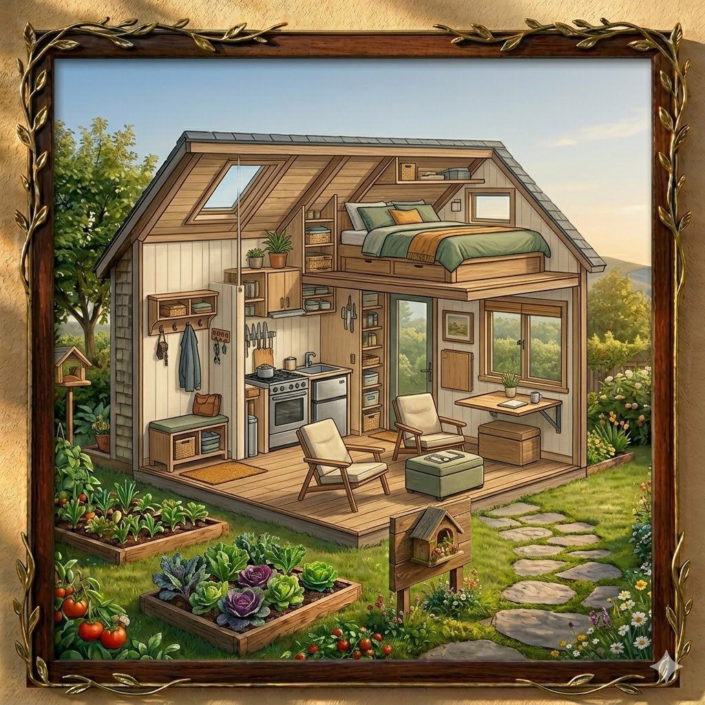 A square, photorealistic illustration framed in dark wood with gold vine accents. The image shows a cutaway view of a small, two-story wooden home. The ground floor features a compact mudroom with benches, a kitchenette with a magnetic knife strip, and a living area with two armchairs and a fold-down wall desk. Above the kitchen, a cozy loft bedroom holds a large bed with built-in storage drawers. Outside, a stone path leads through a vibrant garden with raised beds full of tomatoes, cabbages, and flowers. Sunlight streams through a skylight and large windows, creating a bright and airy atmosphere.
