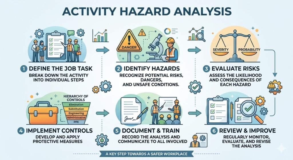 A detailed six-step circular infographic titled "ACTIVITY HAZARD ANALYSIS," outlining the process: DEFINE THE JOB TASK, IDENTIFY HAZARDS, EVALUATE RISKS, IMPLEMENT CONTROLS (Hierarchy of Controls), DOCUMENT & TRAIN, and REVIEW & IMPROVE, leading toward a safer workplace.