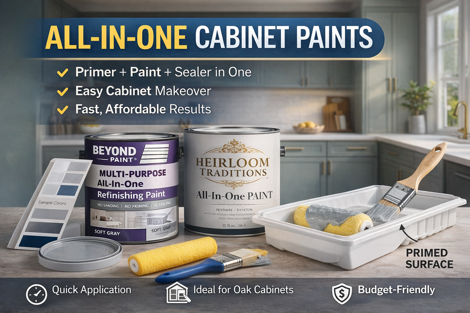 Beyond Paint and Heirloom Traditions paint cans displayed with a tray and roller to show a "no-sanding" cabinet makeover.