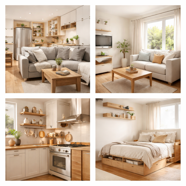 Minimalist small living room with soft sofa, wooden coffee table, indoor plant, and large window allowing natural light