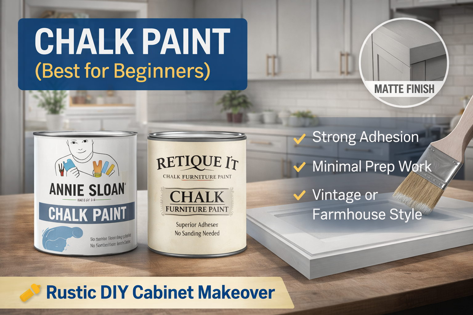 Chalk paint for cabinets with matte finish, ideal for beginners and rustic DIY cabinet makeovers.