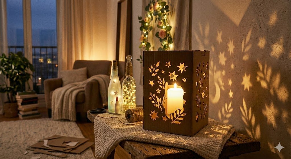 A mesmerizing display of a handmade cardboard shadow box with botanical and celestial cutouts. The lit candle creates dramatic, moving patterns of stars and leaves on the surrounding walls. The cozy evening setting features bottle lights and a lit floral garland, creating a warm, moody home aesthetic.
