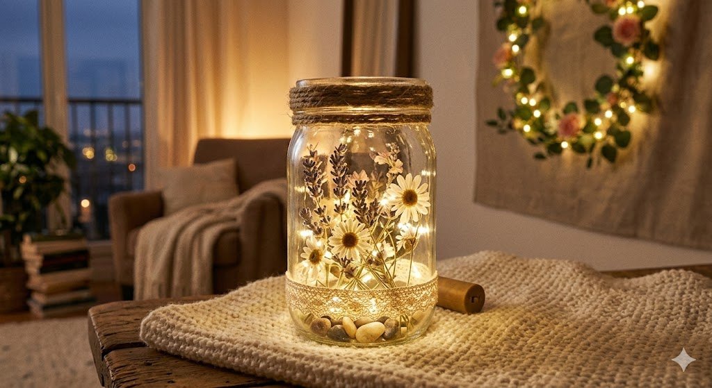 A close-up photograph of a glowing DIY Mason jar lantern on a rustic wooden table. The clear glass jar is filled with warm-white fairy lights, dried lavender, white daisies, and small pebbles, with a lace trim and twine wrapped around the neck. A cozy living room with a lit floral wreath and a textured armchair is softly blurred in the background at dusk.