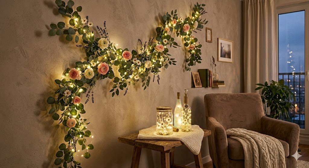 Creative DIY floral wall light decor using artificial flower vines and fairy lights. This Pinterest-worthy bedroom lighting idea shows how to use greenery and soft LEDs to create a cozy, budget-friendly aesthetic at home.
