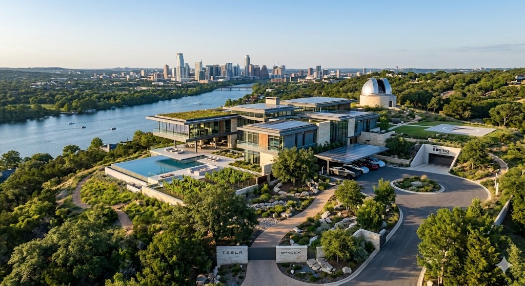 An aerial panorama of a futuristic, multi-level glass and stone mansion perched on a green hillside overlooking a river and a city skyline. The high-tech estate features sustainable elements like solar panels and green grass rooftops, an infinity pool with a lounge terrace, and a private astronomical observatory dome. The entrance is marked by "Tesla" and "SpaceX" signage on stone pillars, with a driveway leading to a tunnel entrance labeled "The Boring Company." Cybertrucks and other electric vehicles are parked under a solar carport, and a private helipad is visible on the manicured grounds.