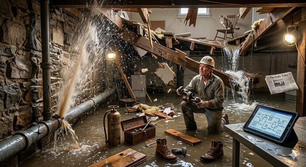 A dramatic photograph shows a male emergency plumber, wearing a hard hat and gloves, kneeling in a severely flooded and water-damaged basement. To the left, a large brown water geyser erupts from a cracked stone pipe. To the right, another water cascade pours from a collapsing wooden ceiling. The plumber holds a pipe clamp, looking stressed. Scattered in the dirty floodwater are tools, a toolbox, wooden planks, and floating work boots. In the upper right, a tabby cat sits calmly on a chair on a partially collapsed upper floor. A digital tablet displaying plumbing diagrams sits on a counter, and a newspaper floats nearby with the headline "The Daily Tides." The scene is lit by work lamps against rough stone walls.