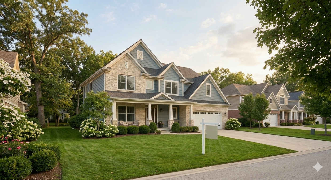 A view of a sprawling, beautifully manicured residential street featuring large, modern suburban homes. The central house is a two-story home with a combination of light blue siding, stone facade, and a white-pillared porch, surrounded by lush green grass, blooming hydrangeas, and mature trees under a clear, late-afternoon sky. A blank white real estate sign stands on the well-maintained lawn, and a paved driveway leads to a two-car garage. The perspective is from the sidewalk, looking down the quiet neighborhood street.