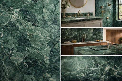 Green marble slab and luxury kitchen and bathroom interiors with green marble countertops and walls.