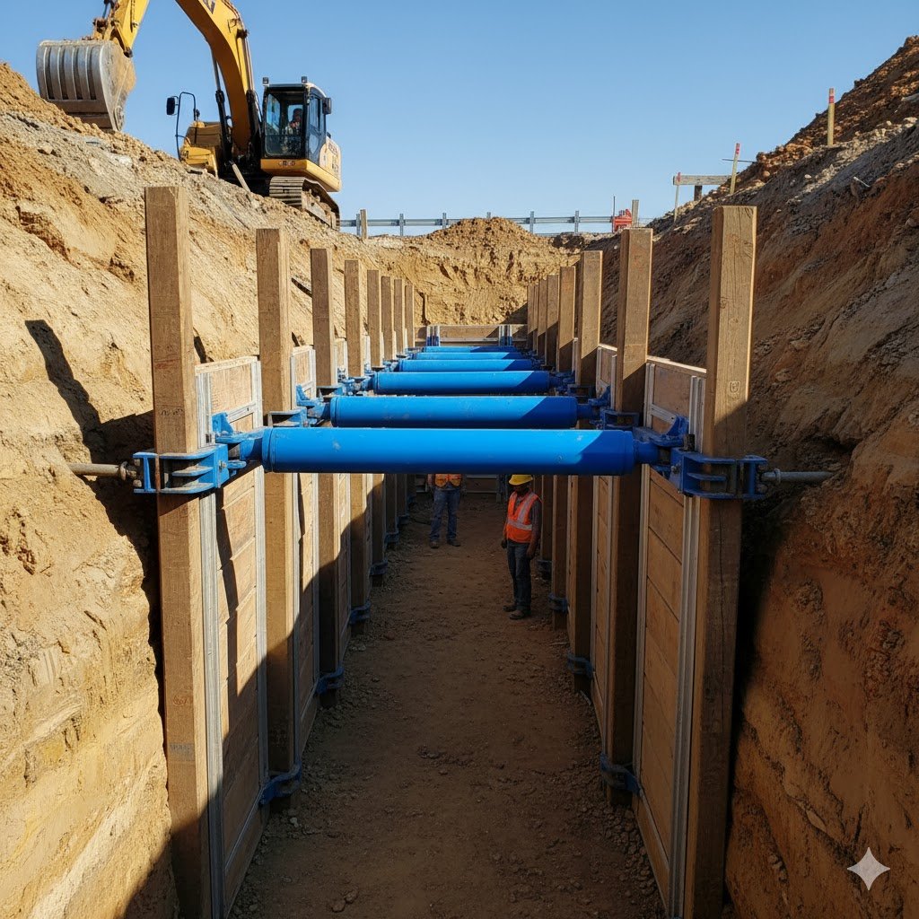 A view inside a deep construction trench featuring a professional hydraulic shoring system with blue hydraulic jacks and vertical steel rails, providing structural stability for workers safely inside the excavation.