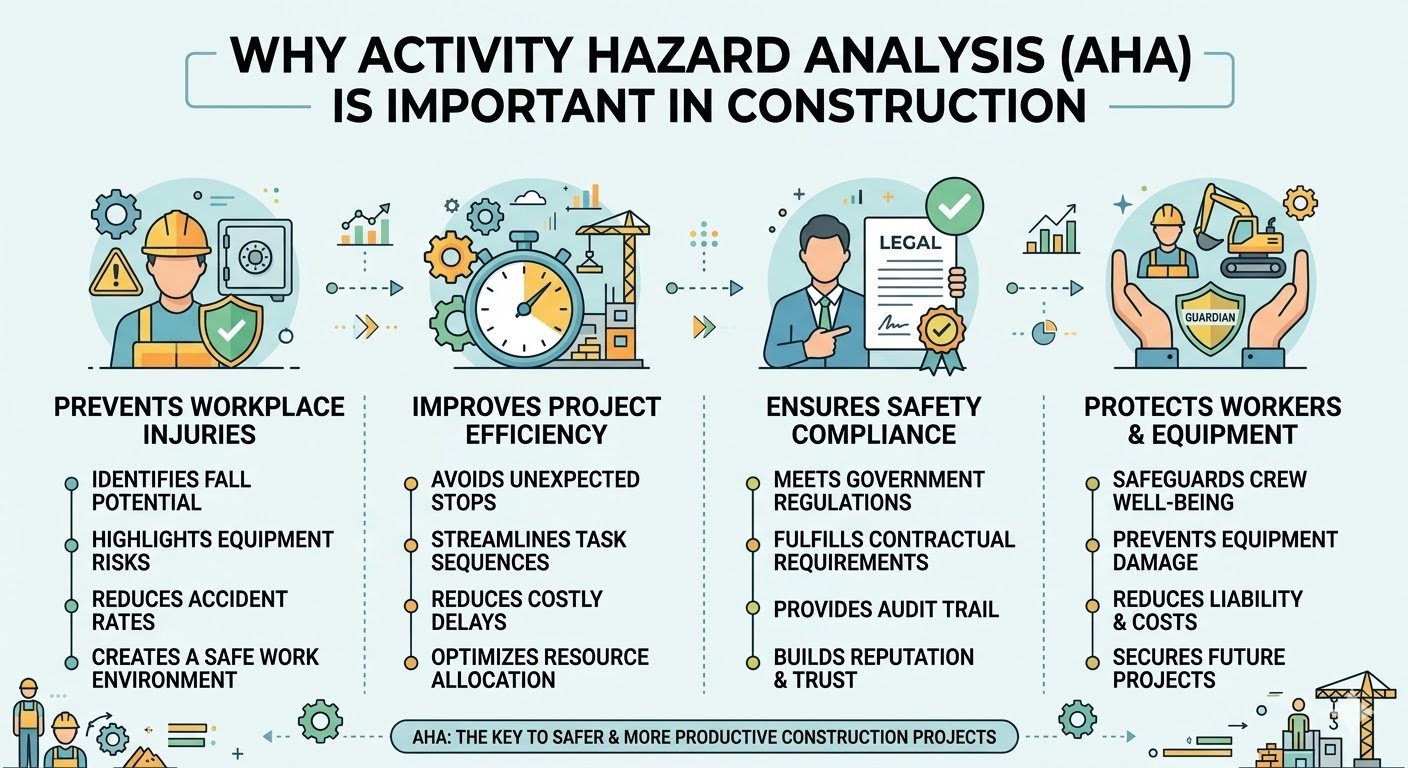 A visual workflow diagram titled "ACTIVITY HAZARD ANALYSIS" showing six key steps: 1. Define the Job Task, 2. Identify Hazards (illustrating falls and electrical risks), 3. Evaluate Risks using a severity and probability scale, 4. Implement Controls with the Hierarchy of Controls pyramid, 5. Document & Train, and 6. Review & Improve for a safer workplace.