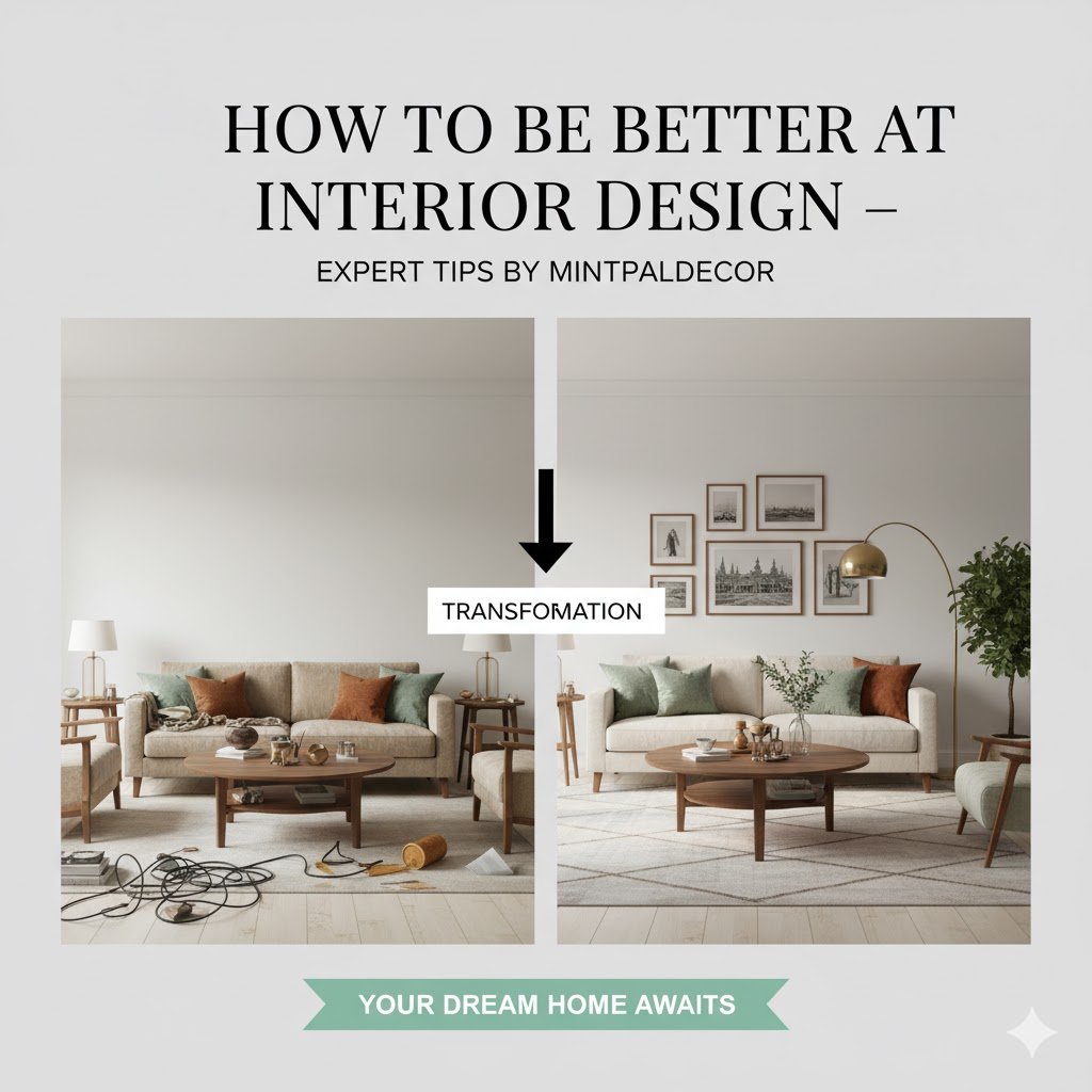 A side-by-side before-and-after interior design transformation; the left image shows a cluttered living room, while the right image shows a clean, professionally styled space featuring a curated gallery wall, balanced lighting, and organized decor, demonstrating expert interior design tips by MintPalDecor.