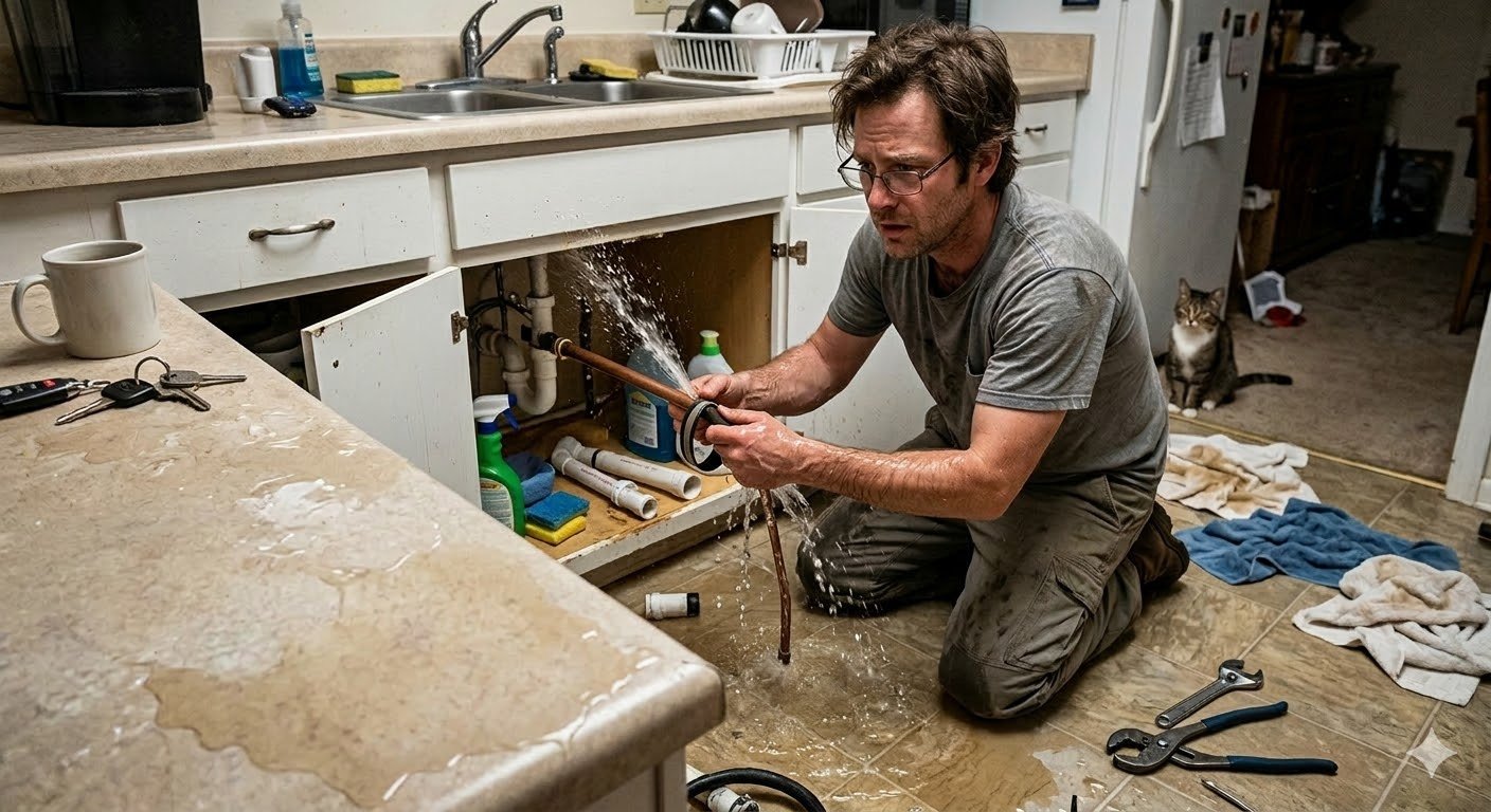 A medium-shot photograph in a cluttered kitchen shows a middle-aged man with glasses and a grey t-shirt, kneeling and looking panicked as he tries to wrap a band around a copper pipe that is actively spraying water under the sink. The kitchen features white cabinets, a double sink, a coffee mug, keys on the counter, cleaning supplies, tools on the floor, and a cat watching in the background, with puddles on the floor and countertop.