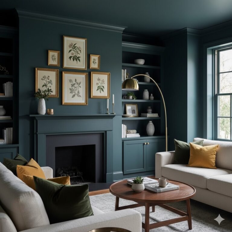 A cozy, modern living room interior painted in Sherwin Williams Sea Serpent (SW 7615), a deep, dramatic navy-blue tone. The room features built-in shelving, a fireplace with a curated gallery wall, warm brass accents, and neutral furniture with green and mustard decorative pillows to complement the moody walls.