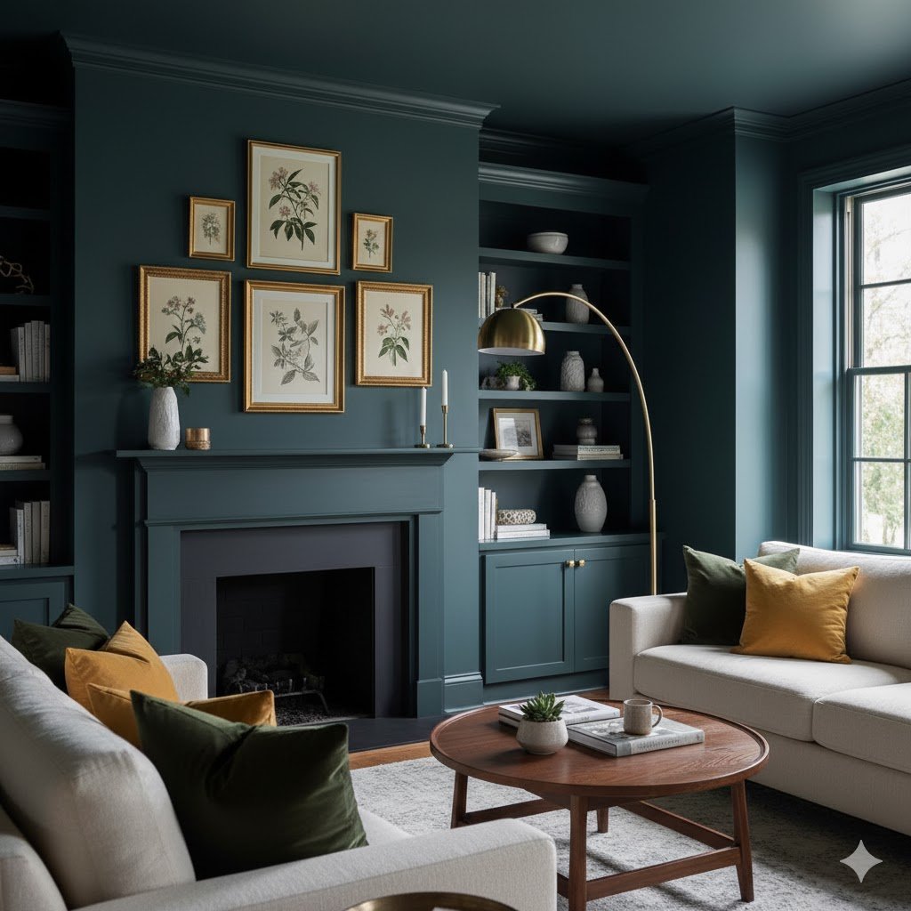 A cozy, modern living room interior painted in Sherwin Williams Sea Serpent (SW 7615), a deep, dramatic navy-blue tone. The room features built-in shelving, a fireplace with a curated gallery wall, warm brass accents, and neutral furniture with green and mustard decorative pillows to complement the moody walls.