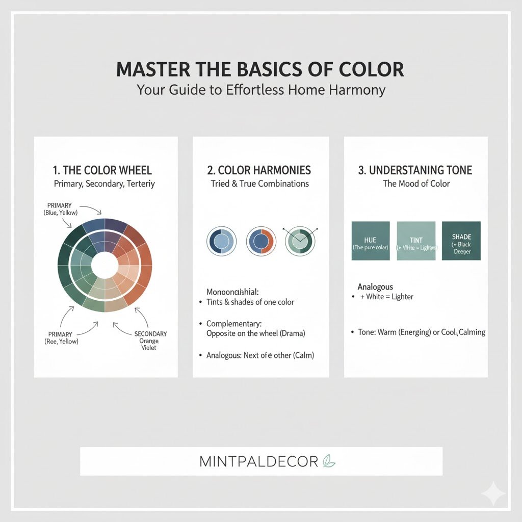 An instructional infographic titled "Master the Basics of Color," explaining the color wheel (primary, secondary, and tertiary colors), color harmonies (monochromatic, complementary, and analogous), and the definition of tone, tints, and shades for home decor.