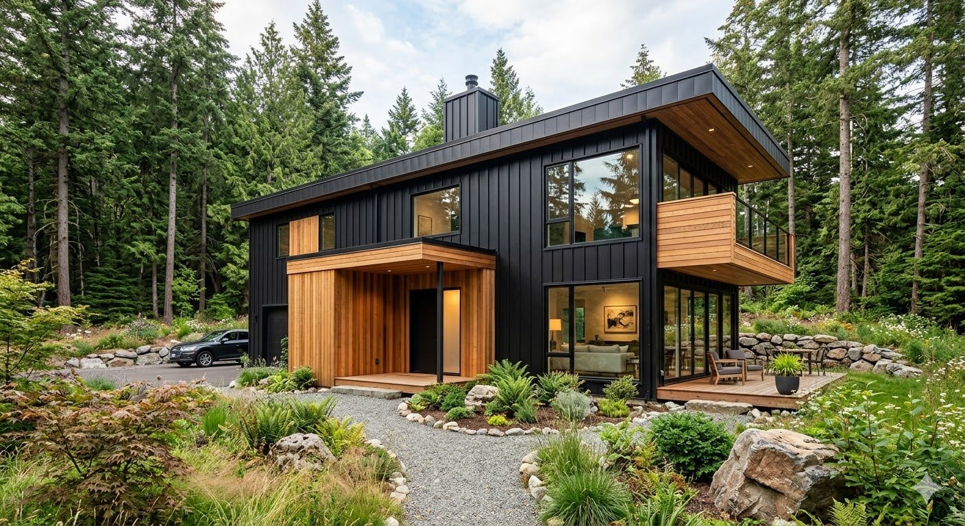 A contemporary two-story black house featuring vertical metal siding, warm cedar wood panels on the entryway and balcony, and large floor-to-ceiling windows set against a lush forest background.
