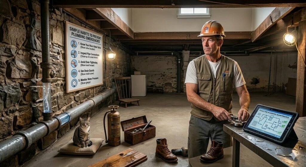 A professional-looking photograph in a clean, well-lit basement shows a man in a work vest and hard hat reviewing a digital tablet with a maintenance checklist. On the stone wall behind him, a large infographic poster titled "Simple Habits to Prevent Plumbing Emergencies" lists five key steps: knowing the main water valve, inspecting connections, avoiding over-tightening, using drain guards, and monitoring water pressure. A tabby cat sits calmly on a cushion in the foreground near a toolbox and boots, while a clean, dry pipe runs along the wall, contrasting with the previous scene of chaos.