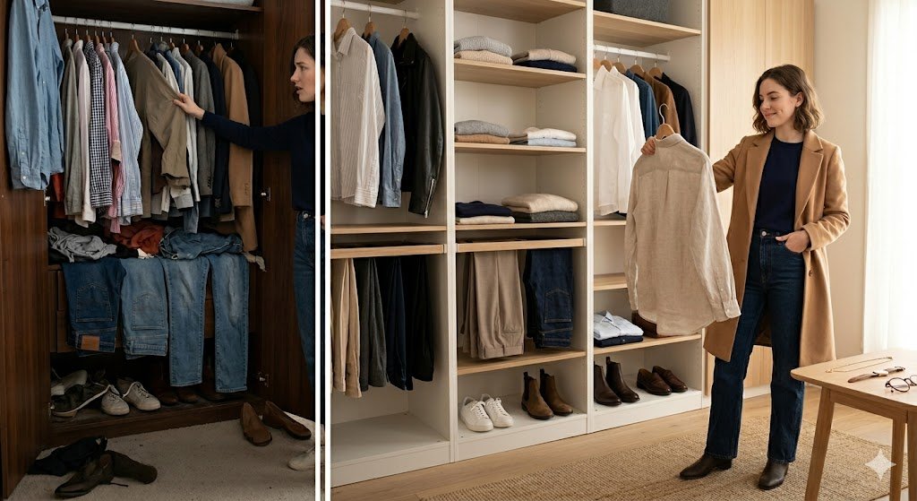 split-screen comparison showing a woman looking overwhelmed by a dark, overcrowded closet on the left, and the same woman smiling while holding a single high-quality linen shirt in a minimalist, well-organized white walk-in closet on the right.