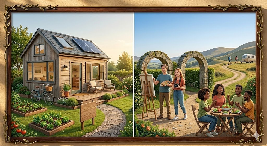 A photorealistic split-screen image framed in a rustic wooden border with gold vine accents. On the left, a cozy, modern tiny house made of natural wood features solar panels, large windows, and a small porch with two chairs. A lush vegetable garden with tomatoes and greens sits in the foreground next to a bicycle. On the right, a bright landscape shows a young man painting on an easel and a woman with a camera standing near ancient stone arches. In the foreground, four diverse friends laugh while sharing a healthy meal at a wooden table. A winding path in the background leads toward rolling hills where hikers and a vintage camper are visible under a clear blue sky.
