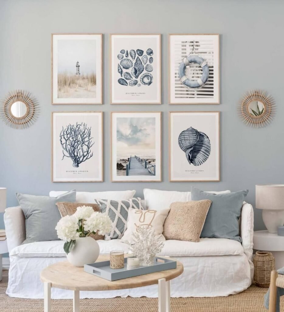 Coastal-style living room with soft blue walls, white sofa, neutral cushions, and a gallery wall featuring ocean-inspired artwork and shell prints.