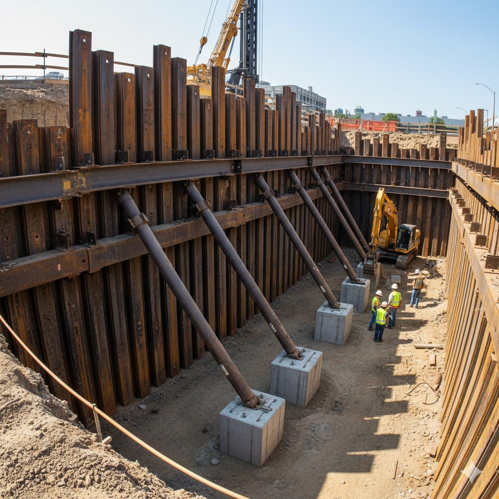 A construction site excavation showing a deep trench supported by interlocking steel sheet piling walls reinforced with angled structural steel struts anchored into concrete footings, with workers in high-visibility gear present on-site.