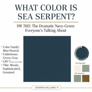 An informative color swatch graphic for Sherwin-Williams Sea Serpent (SW 7615), displaying the paint color as a deep, dramatic navy-green. The text details its color family as blue/neutral, highlights its green and gray undertones, specifies its low LRV of 7, and suggests complementary pairings like SW Alabaster for a balanced design.