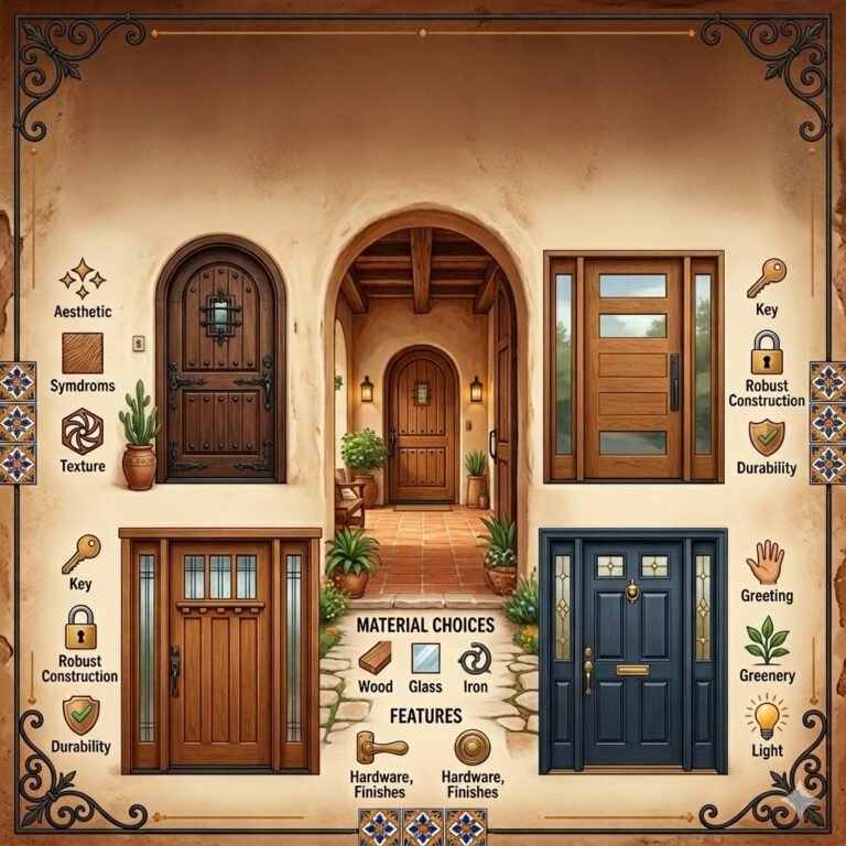 A detailed illustration guide to door design. In the center, a traditional adobe-style archway with a tiled courtyard leads to another arched door, surrounded by potted plants. Above and to the sides of the arch, four distinct door styles are displayed: top left, a rustic, arched wooden door; top right, a modern horizontal-plank wooden door; bottom left, a traditional craftsman wooden door with glass panels; bottom right, a dark navy blue paneled door with glass details and a brass knocker. Various icons surround the doors, symbolizing 'Aesthetic,' 'Texture,' 'Key,' 'Robust Construction,' 'Durability,' 'Greeting,' 'Greenery,' and 'Light,' along with material icons for 'Wood,' 'Glass,' and 'Iron.' The entire composition has decorative iron borders and corner tile accents.