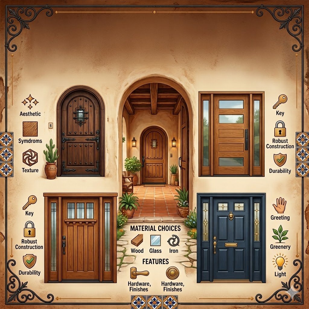 A detailed illustration guide to door design. In the center, a traditional adobe-style archway with a tiled courtyard leads to another arched door, surrounded by potted plants. Above and to the sides of the arch, four distinct door styles are displayed: top left, a rustic, arched wooden door; top right, a modern horizontal-plank wooden door; bottom left, a traditional craftsman wooden door with glass panels; bottom right, a dark navy blue paneled door with glass details and a brass knocker. Various icons surround the doors, symbolizing 'Aesthetic,' 'Texture,' 'Key,' 'Robust Construction,' 'Durability,' 'Greeting,' 'Greenery,' and 'Light,' along with material icons for 'Wood,' 'Glass,' and 'Iron.' The entire composition has decorative iron borders and corner tile accents.