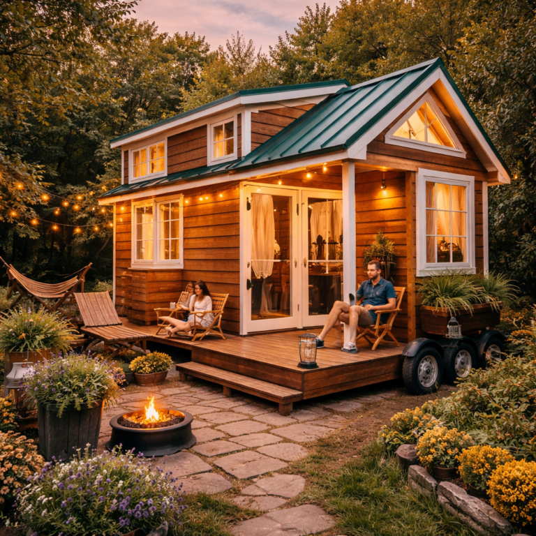 Tiny house with wooden exterior and cozy outdoor seating surrounded by greenery