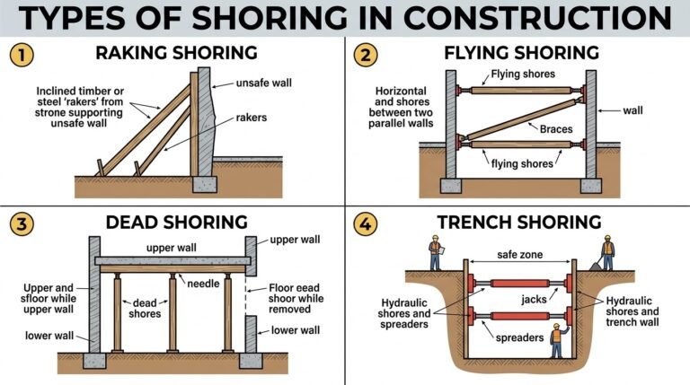 A technical construction diagram illustrating four types of shoring: Raking Shoring, Flying Shoring, Dead Shoring, and Trench Shoring, with labels showing how each method supports walls or excavations.