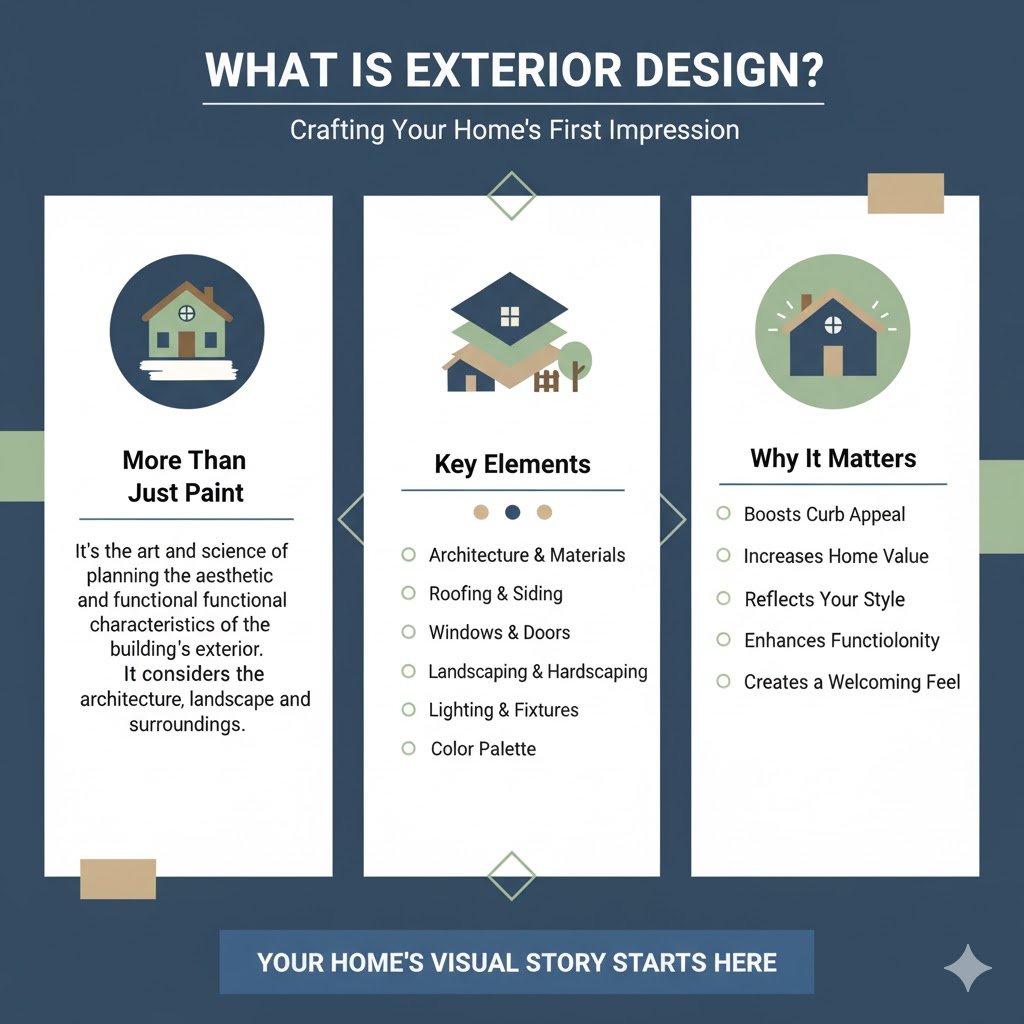 An informative infographic titled "What Is Exterior Design? Crafting Your Home's First Impression," divided into three sections: "More Than Just Paint" (featuring a photo of a well-designed home facade), "Key Elements" (listing architecture, roofing, landscaping, and lighting), and "Why It Matters" (highlighting curb appeal, home value, and functionality).