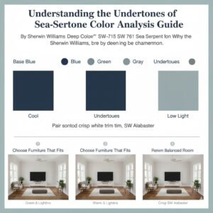 An instructional graphic explaining the undertones of Sherwin-Williams Sea Serpent (SW 7615), showing it as a blend of blue, green, and gray. The chart illustrates its "chameleon" nature, explaining how the color shifts between charcoal, navy, and deep blue-green depending on whether it is in cool, warm, or low light conditions.