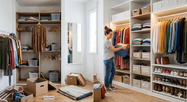 A split image showing a cluttered, disorganized wooden closet on the left and a brightly lit, neatly organized white walk-in closet with labeled bins and color-coordinated clothes on the right.