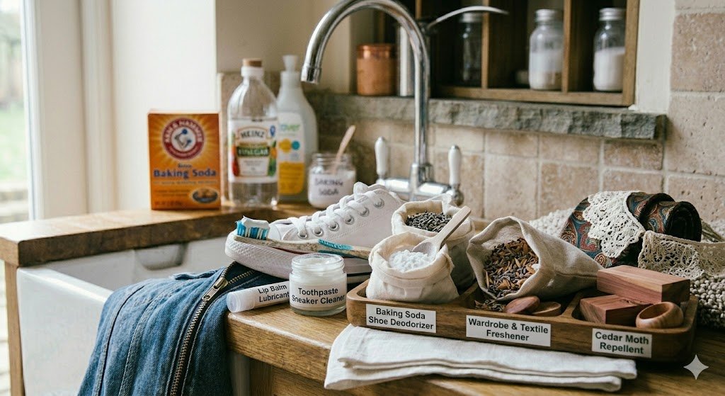 A close-up, cozy kitchen scene showcases three easy "do-it-yourself" fixes for common household annoyances, grouped on a wooden countertop in a rustic tray. On the left, a bottle of lip balm lubricant and a zipper repair kit sit next to a denim jacket, labeled "The Stuck Zipper Fix." In the center, a small section of a textured carpet is covered with several ice cubes, next to a spoon, labeled "Carpet Divot Resurrector." On the right, a white porcelain mug has a white heat ring mark, and a hair dryer is hovering above it, labeled "Heat Ring Remover." Natural daylight illuminates the scene from a nearby window, with a farmhouse sink and tiled backsplash in the background.