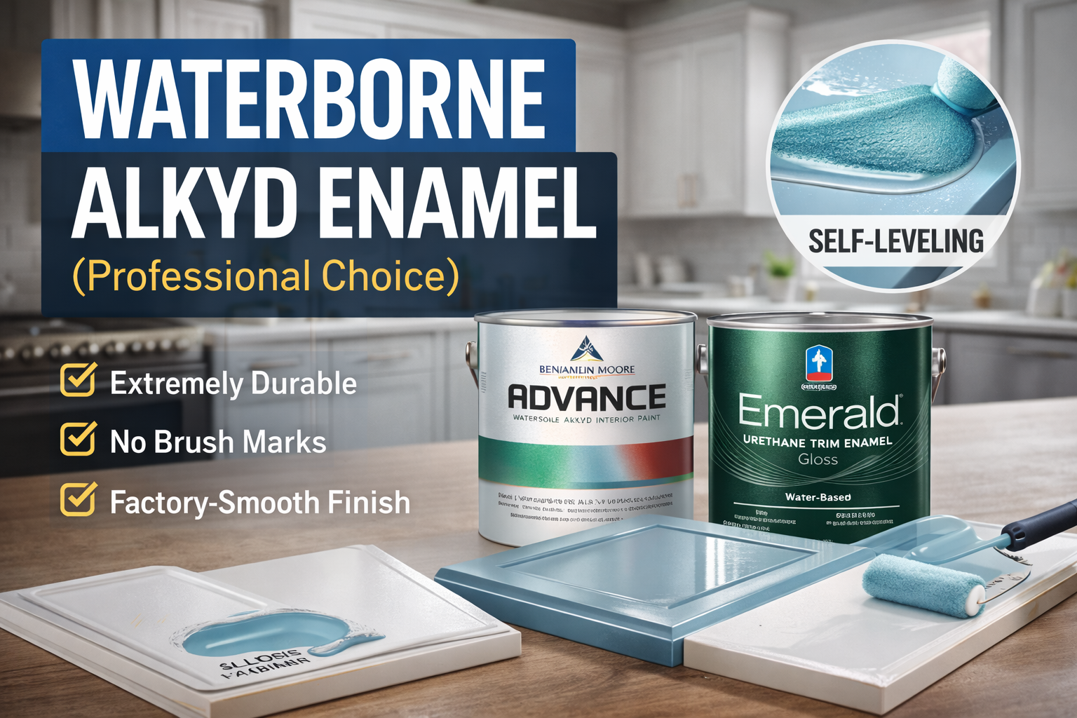 Waterborne alkyd enamel cabinet paint showing durable, self-leveling finish for a smooth professional result.