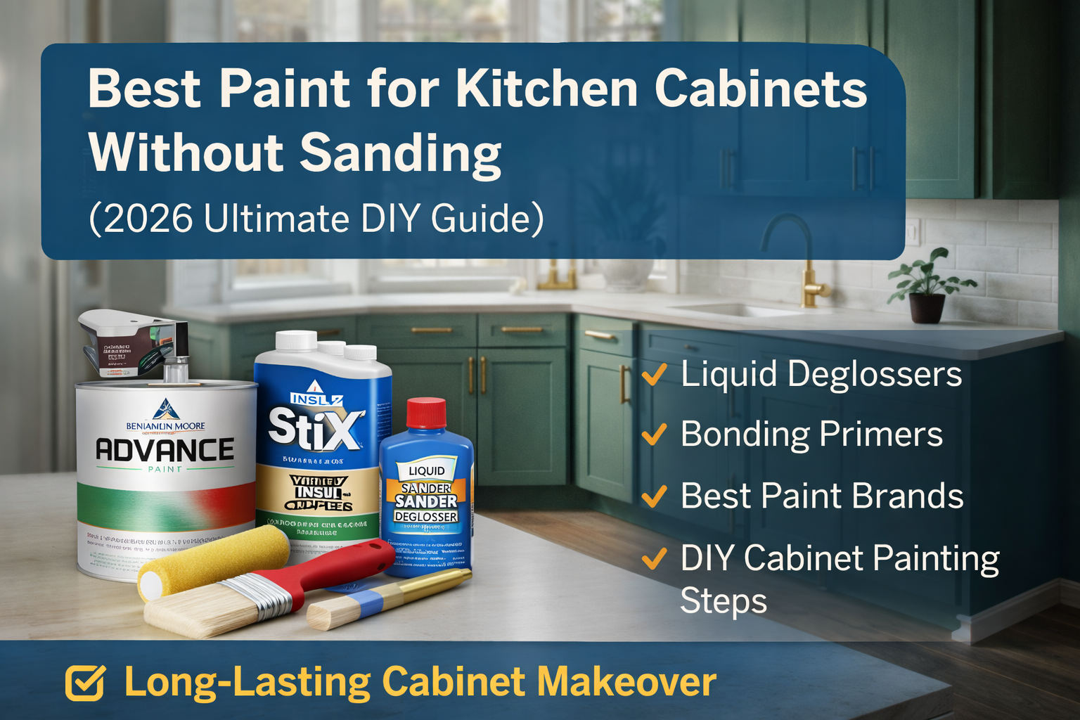 DIY kitchen cabinet painting tools with bonding primer, cabinet paint, and liquid deglosser in a modern kitchen background.